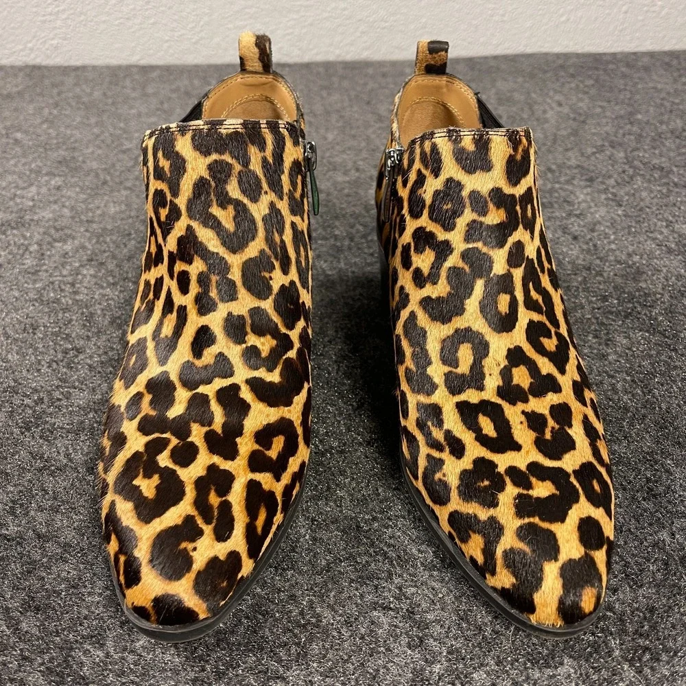 Franco Sarto Leopard Booties Womens Size 8 Calf Hair Ankle Zip Heel Pointed